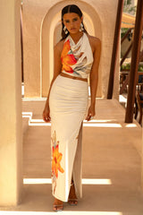 Stassi | Orange Floral Placement Print Ruched Split Maxi Skirt