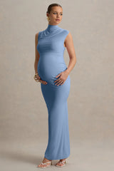 Kienna | Powder Blue Ruched High-Neck Maternity Maxi Dress