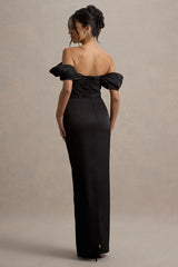 Annita | Black Satin Bardot Maxi Dress