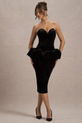 Sarifa | Black Velvet Strapless Corset Midi Dress With Ruffle Peplum