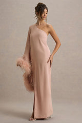Armina | Blush Pink One-Shoulder Feather-Trim Maxi Dress