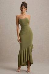 Capria | Olive Green Bandeau Wrap Maxi Dress