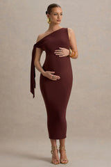 Katarine | Brown Asymmetric Knot Maternity Midi Dress
