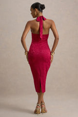 Aine | Red Satin Jacquard Cowl-Neck Midi Dress