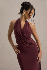 Rosina | Burgundy Halter-Neck Draped Maxi Dress With Sash