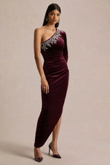 Nyssa | Burgundy Embellished Asymmetric-Neck Maxi Dress