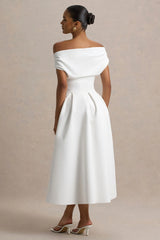 Demi | White Asymmetric-Neck Midi Dress