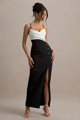 Rosalind | Black & White Strappy Tailored Maxi Dress With Split