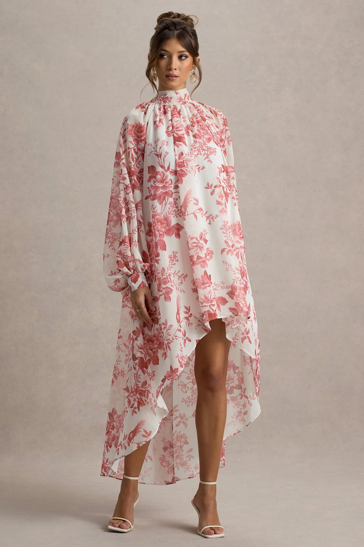 Delphia | Pink Porcelain Print High-Neck Maxi Dress With High-Low Hem