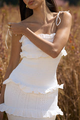 Lauren | White Broderie Strappy Ruffled Maxi Dress