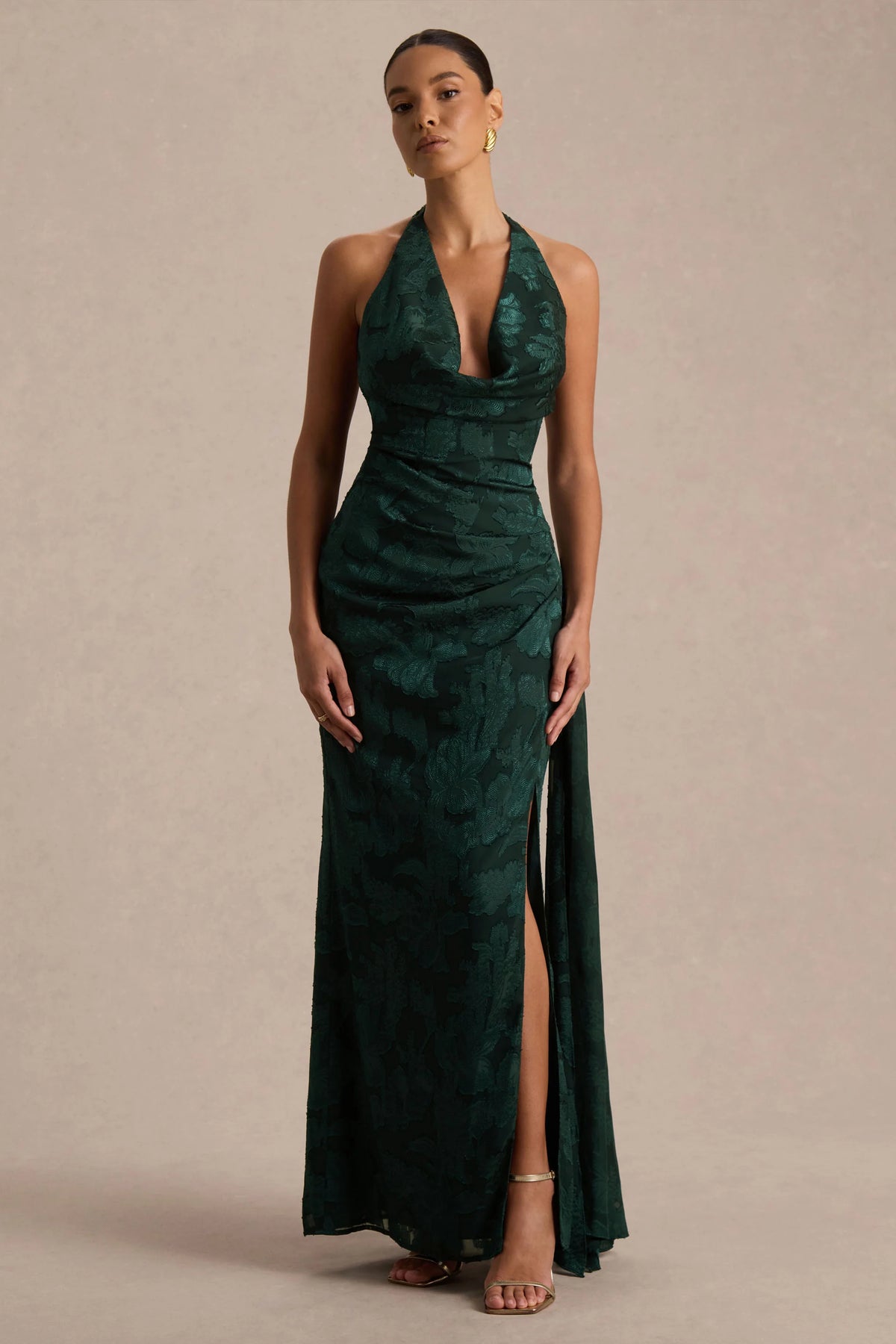 Talula | Dark Green Extreme Cowl-Neck Maxi Dress With Sash And Front-High Split