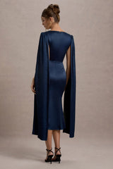 Nalda | Navy Square-Neck Midi Dress With Cape Sleeves