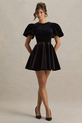 Priya | Black Velvet Mini Dress With Puff Sleeves