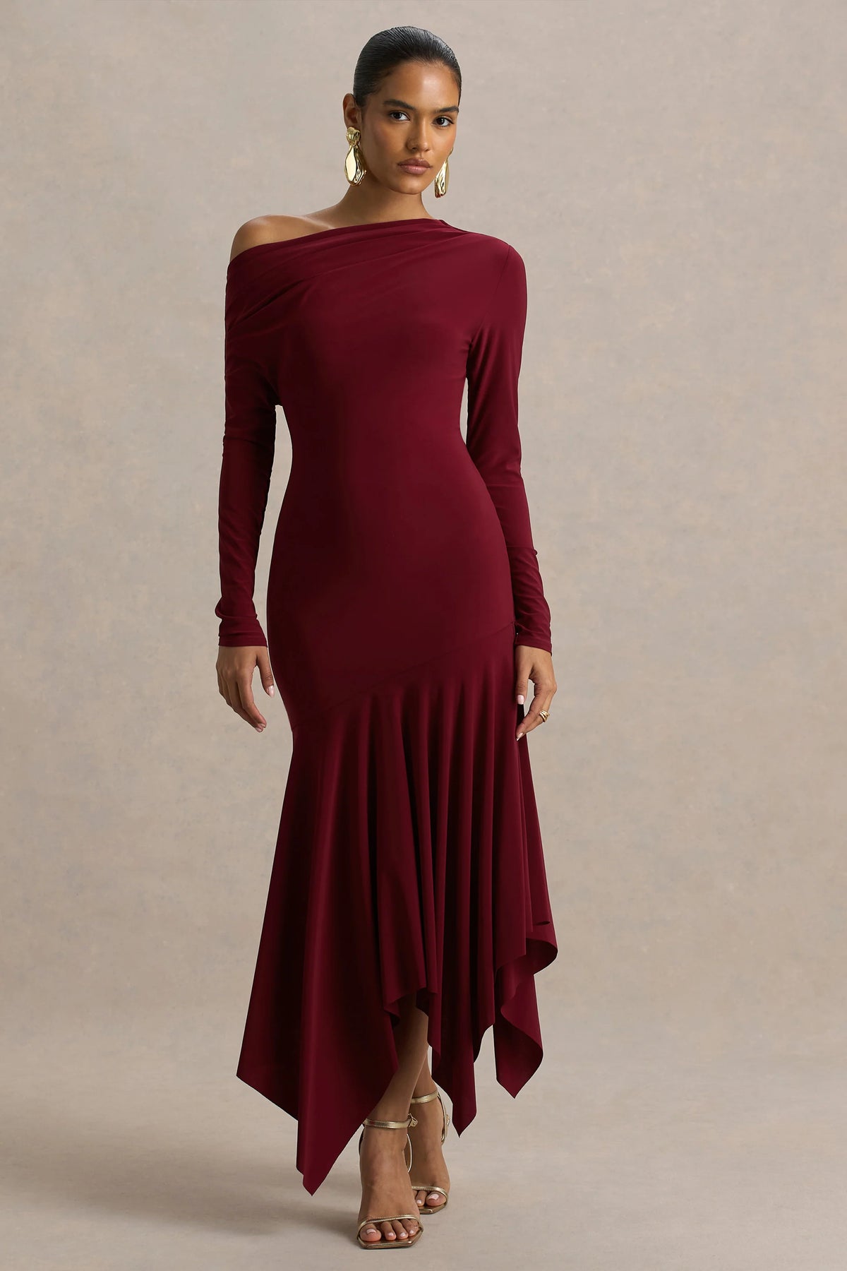 Isola | Burgundy Asymmetric-Neck Midi Dress With Drop-Waist