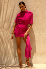 Farrah | Hot Pink High-Neck Draped Mini Dress With Sash