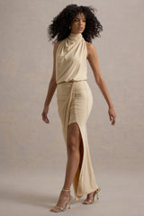 Hayden | Sand High-Neck Draped Split Maxi Dress