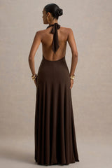 Mist | Brown Plunge-Neck Split Maxi Dress