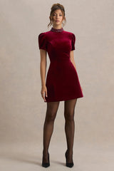 Margot | Burgundy High-Neck Velvet Mini Dress With Embellished Detail