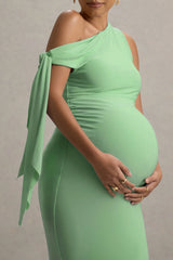 Katarine | Light Green Asymmetric Knot Maternity Midi Dress