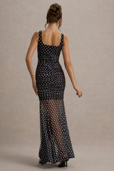 Galaxia | Black & White Polka Dot Maxi Dress With Mesh Skirt