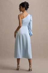 Haila | Powder Blue Satin One-Shoulder Midi Dress