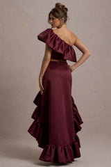 Sandie | Merlot Satin Bardot Ruffled Crop Top