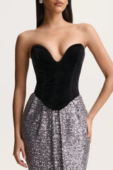 Aeris | Black Velvet And Silver Sequin Plunge-Neck Maxi Dress