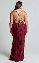 Out Till Dawn Maxi Dress Thigh Split Dress in Wine Sequin