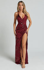 Out Till Dawn Maxi Dress Thigh Split Dress in Wine Sequin