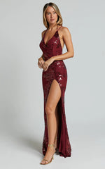 Out Till Dawn Maxi Dress Thigh Split Dress in Wine Sequin
