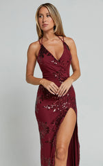 Out Till Dawn Maxi Dress Thigh Split Dress in Wine Sequin