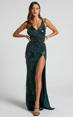 Out Till Dawn Maxi Dress Thigh Split Dress in Emerald Sequin