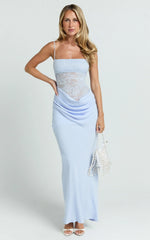 Rania Maxi Dress Contrast Lace Bodice Bias Cowl Drop Waist Dress in Soft Blue