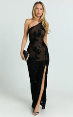 Shelby Maxi Dress One Shoulder Rosette Fitted Applique Dress in Black