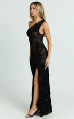 Shelby Maxi Dress One Shoulder Rosette Fitted Applique Dress in Black