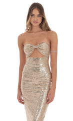 Sequin Bow Cutout Maxi Dress in Gold