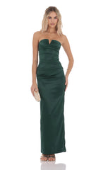 Satin V-Strapless Maxi Dress in Green