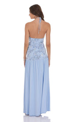 Drop Waist Sequin Maxi Dress in Light Blue