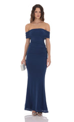 Mesh Shell Off Shoulder Maxi Dress in Navy