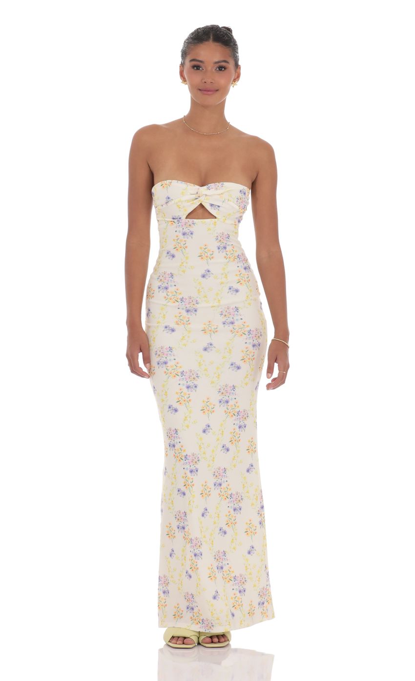 Floral Ribbed Cutout Twist Maxi Dress in Yellow