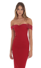 Tulle Off Shoulder Sleeve Maxi Dress in Red