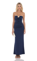 Seashell Ruched Bodycon Maxi Dress in Navy