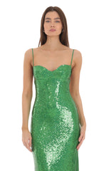 Sequin Open Back Maxi Dress in Green