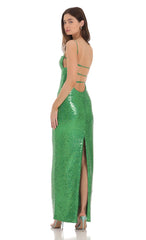 Sequin Open Back Maxi Dress in Green